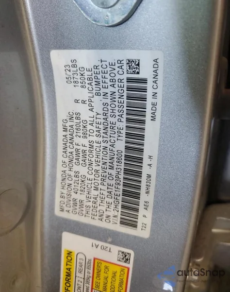 2023 Honda Civic Touring from USA, damaged, VIN 2HGFE1F93PH318600